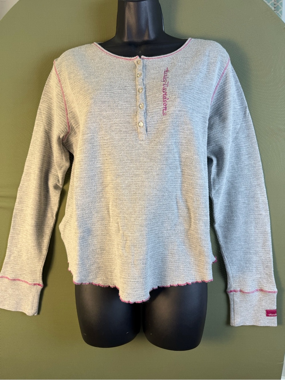 Harley-Davidson Gray Knit Henley Sweater with Pink Trim